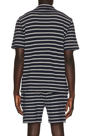 Polo Ralph Lauren Short Sleeve Cotton Bar Stripe Textured Andy Camp Shirt in Navy