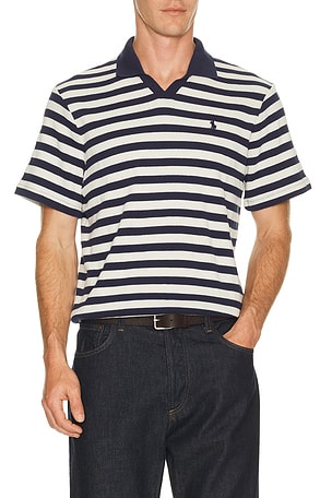Short Sleeve Cotton Club Stripe Textured Fully Fashioned Johnny Collar Polo Polo Ralph Lauren