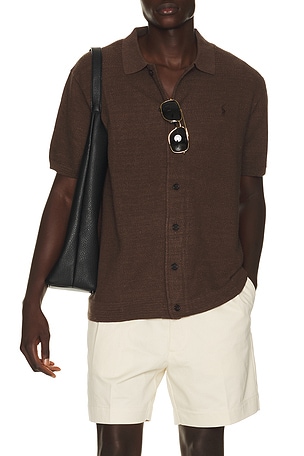 Short Sleeve Cotton Blend Textured Cardigan Sweater With Collar Polo Ralph Lauren