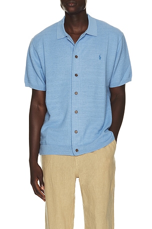 Short Sleeve Cotton Blend Textured Cardigan Sweater With Collar Polo Ralph Lauren