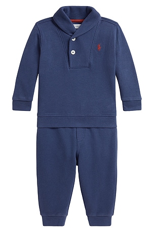 Polo Ralph Lauren Baby Two Piece Set Long Sleeve Estate Rib Knit Funnel Neck Sweatshirt With Jogger in Navy