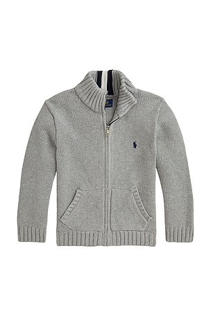 Polo Ralph Lauren Kids Long Sleeve Combed Cotton Knit Full Zip Sweater in Grey