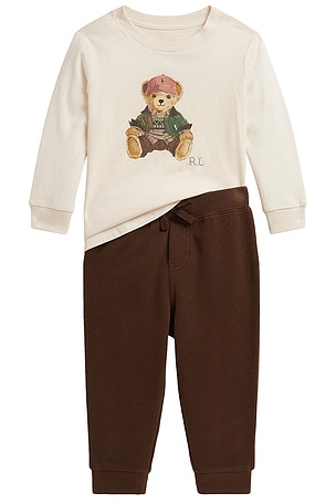 Polo Ralph Lauren Baby Two Piece Set Long Sleeve Jersey Knit Bear T-shirt With Jogger in Cream
