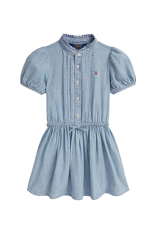 Kids Short Sleeve Cotton Chambray Ruffle Dress With Tie Waist Polo Ralph Lauren