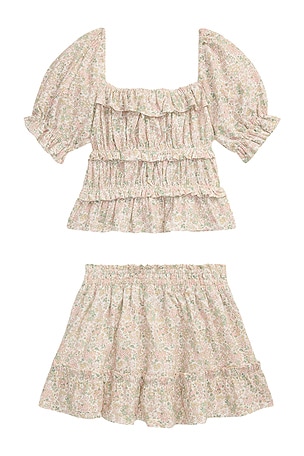 Polo Ralph Lauren Kids Short Sleeve Cotton Jersey Floral Tiered Top With Matching Skirt in Red,Green