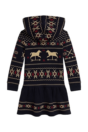 Polo Ralph Lauren Long Sleeve Lightweight Fleece Fairisle Hoodie Dress in Navy