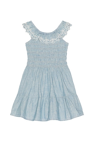 Polo Ralph Lauren Short Sleeve Chambray Woven Ruffle Dress in Blue