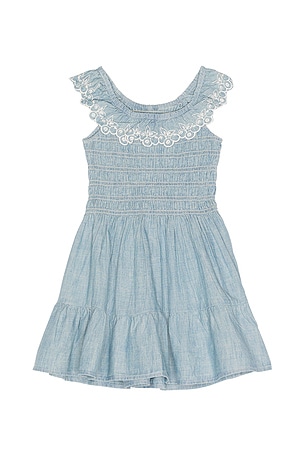 Polo Ralph Lauren Short Sleeve Chambray Woven Ruffle Dress in Blue