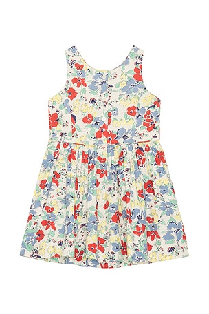 Polo Ralph Lauren Sleeveless Poplin Floral Printed Flare Dress in Ivory