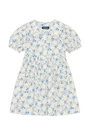 Polo Ralph Lauren Short Sleeve Cotton Floral Printed Ruffle Shirt Dress in Blue