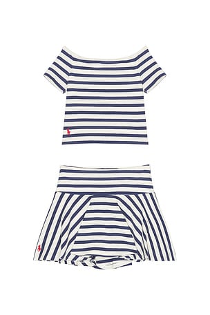 Polo Ralph Lauren Short Sleeve Cotton Jersey Knit Striped Shirt With Skirt in Navy,White