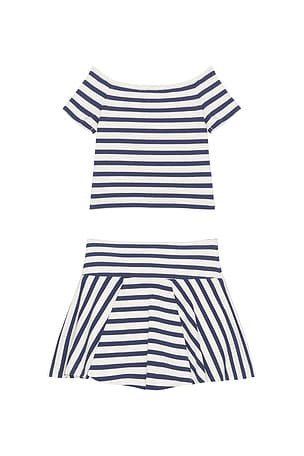 Polo Ralph Lauren Short Sleeve Cotton Jersey Knit Striped Shirt With Skirt in Navy,White