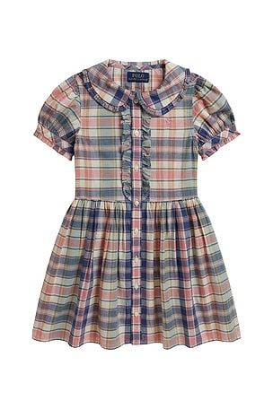 Polo Ralph Lauren Kids Short Sleeve Madras Plaid Collared Dress in Earth Blue Pink Multi. Size 4. Also