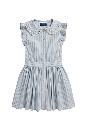 Polo Ralph Lauren Kids Cap Sleeve Poplin Striped Collared Shirt Dress in Blue Navy Multi. Size 6. Also