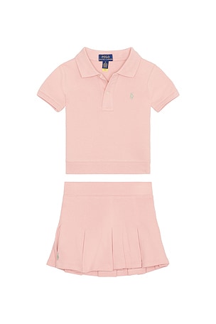 Polo Ralph Lauren Kids Short Sleeve Stretch Mesh Collared Shirt With Pleated Skirt in Rose
