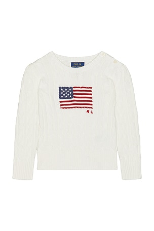 Polo Ralph Lauren Long Sleeve Cotton Cable Knit Flag Crewneck Sweater in White