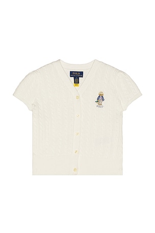 Polo Ralph Lauren Short Sleeve Cotton Mini Cable Knit Bear Cardigan in White