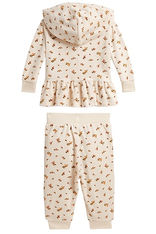 Polo Ralph Lauren Baby Two Piece Set Long Sleeve Velour Floral Printed Ruffle Full-zip With Jogger in White