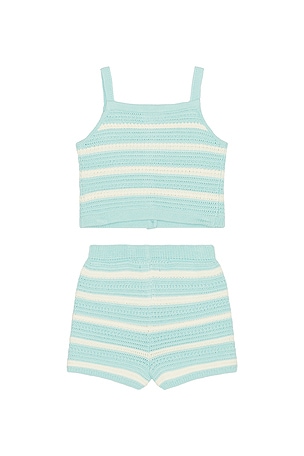 Polo Ralph Lauren Sleeveless Cotton Crochet Striped Shirt With Short in Baby Blue,White