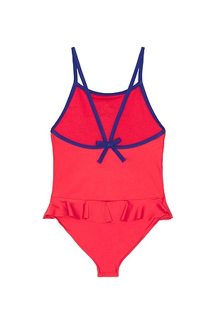 Polo Ralph Lauren One Piece Novelty Bear Graphic Swimsuit With Ruffle Hem in Red