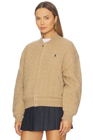Polo Ralph Lauren Cable Knit Wool Cashmere Bomber Jacket in Beige