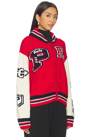 Polo Ralph Lauren Wool Blend Zip Letter Cardigan in Red