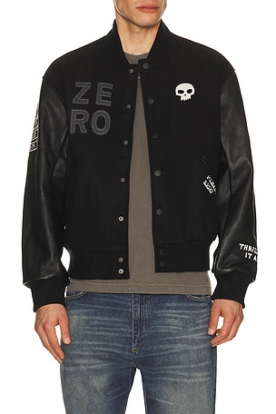 Pleasures x Zero Skateboards Varsity Jacket in Black