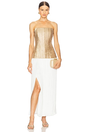 Strapless Straight Neck Sequin Dress W/ Plisse Skirt Prabal Gurung