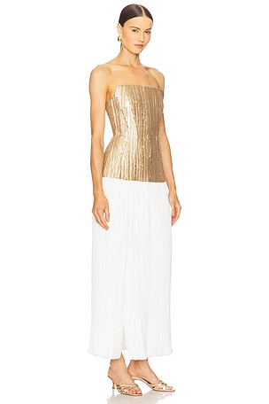 Prabal Gurung Strapless Straight Neck Sequin Dress W/ Plisse Skirt in Metallic Gold,White