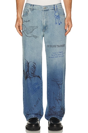 Sketch Print Denim Pants Pas Une Marque