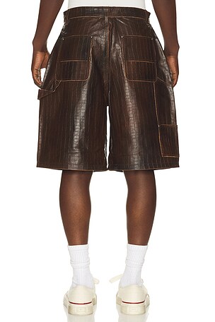 Found Distressed Croc Embossed Leather Shorts in Brown
