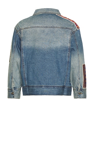 Found Kantha Patchwork Denim Trucker Jacket in Blue