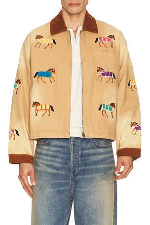 Lariat Horse Embroidered Work Jacket in Light Beige Found