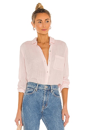 Bella Dahl Full Button Down Hipster Shirt in Peach Fresco Block