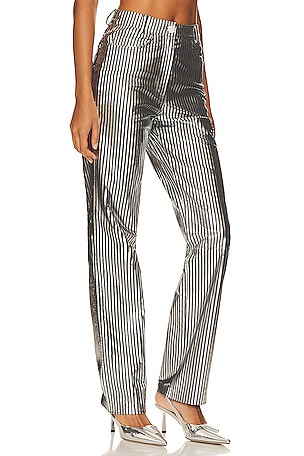 REMAIN Striped Leather Pants in Metallic Silver