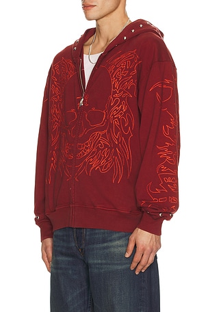 Revenge Tribal Skull Studded Zip Hoodie in Red