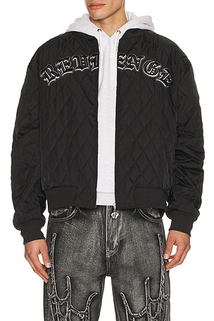 Revenge Skull Logo Quilted Bomber Jacket in Black