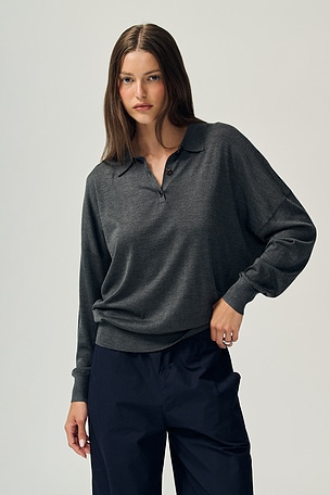 Silk Cashmere Boxy Long Sleeve Polo RENGGLI