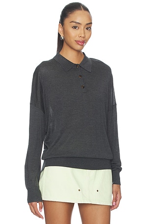 RENGGLI Silk Cashmere Boxy Long Sleeve Polo in Charcoal