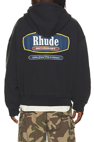 Rhude Racing Crest Zip Up Hoodie in Black. Size L. Also
