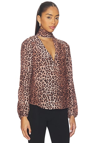 RIXO Moss Blouse Leopard in Brown. Size XS. Also