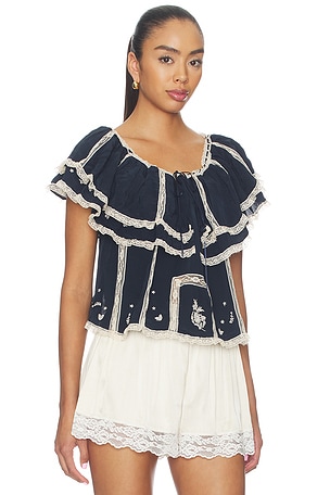 RIXO Mirabella Top in Navy