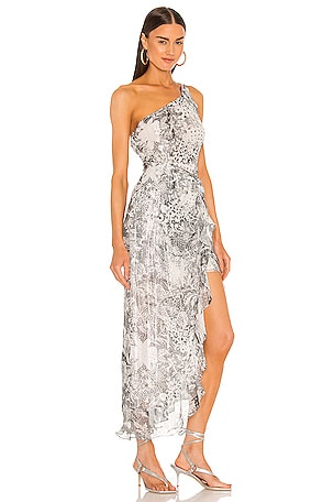 ROCOCO SAND Paola One Shoulder Maxi Dress in Charcoal,White