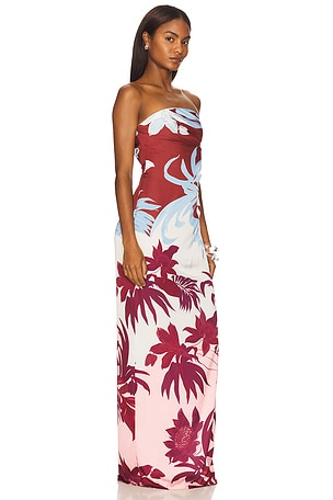 ROCOCO SAND Off Shoulder Ruched Maxi Dress in Burgundy,White
