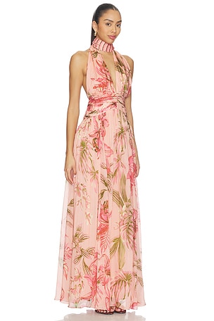 ROCOCO SAND Ruched Sash Maxi Dress in Peach