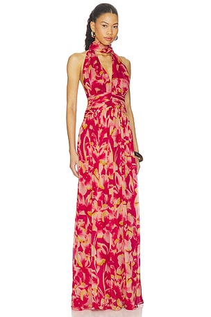 ROCOCO SAND Ruched Sash Maxi Dress in Red