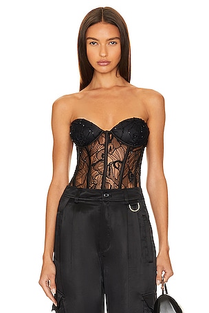Rozie Corsets Draped Satin-lace Bustier Top in Black