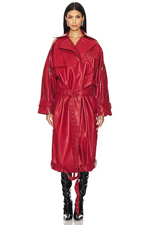 ROKH Vegan Leather Multi Zipped Biker Coat in Red
