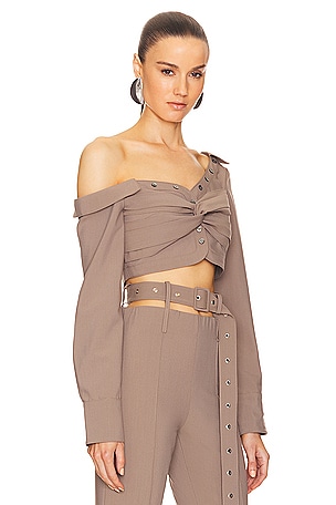 ROKH Asymmetric Twist Crop Blouse in Taupe