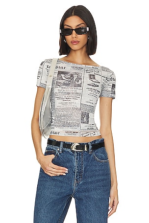 トップス UND SPACE NEWSPAPER PRINT TOP WDIRARA Women's Newspaper Print Crop Top Letter Graphic Long